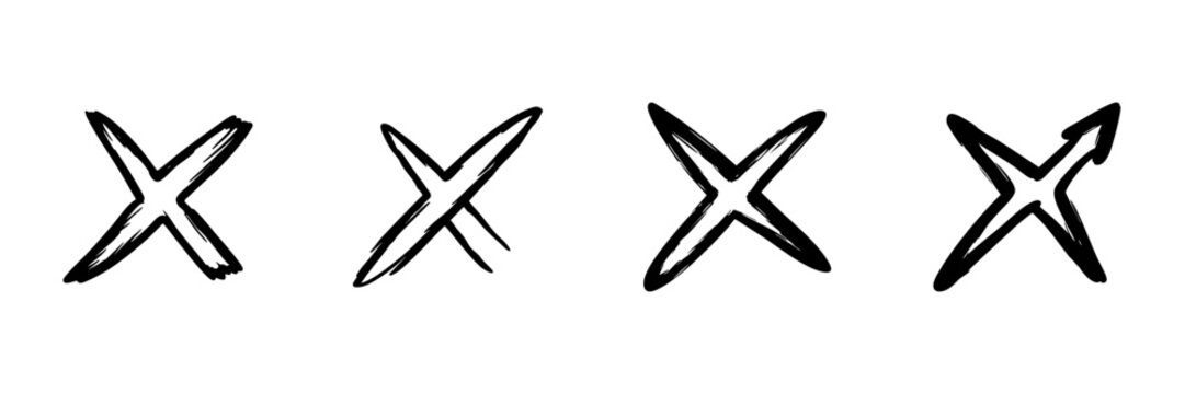 Hand Drawn X Marks In Various Styles Set. Symbol Of Incorrectness, Cancellation, And Rejection Doodle Sketch Collection. Artistic Expression. Isolated Vector Illustration
