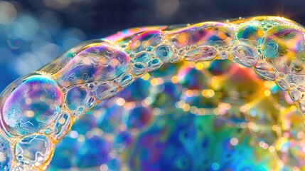 Vibrant iridescent bubbles floating in colorful gradient background