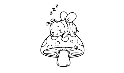 Cute kawaii bee sleeping on mushroom kids coloring page black and white vector illustration