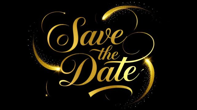 Golden Save the Date text with swirling flourishes on black background scene