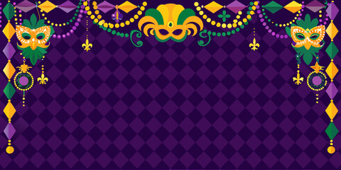 a vibrant mardi gras border with masks and beads on purple background © Bijoy