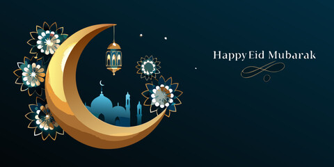 Eid Mubarak Celebration With Crescent Moon And Mosque Silhouette