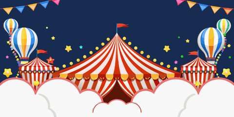 A colorful circus scene featuring a striped tent balloons and starry night