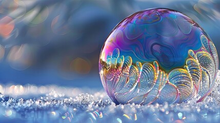 Obraz premium Vibrant iridescent soap bubble on sparkling blue surface with rainbow hues