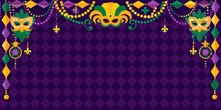 a vibrant mardi gras border with masks and beads on purple background
