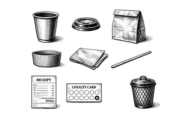 Monochrome fast food icons: coffee cup, wrapper, receipt, loyalty card, sugar packet