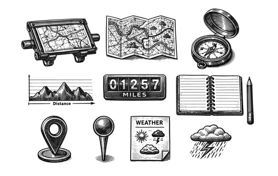 Vintage travel elements featuring maps, compass, odometer, and weather icons
