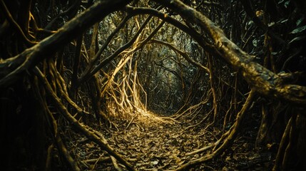 Tangled thorny vines create a natural formidable bar within a dense shadowed forest path illuminated by dappled sunlight