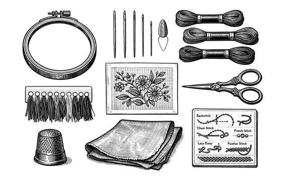 Vintage embroidery tools and materials: needles, threads, thimble, scissors, patterns