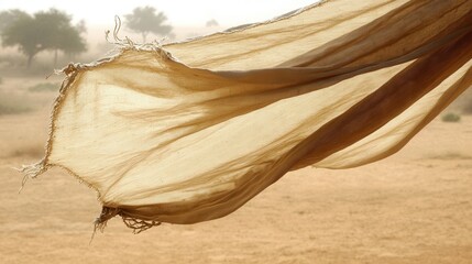 Tattered canvas shelter walls flapping gently in arid desert wind with dry ground and distant trees