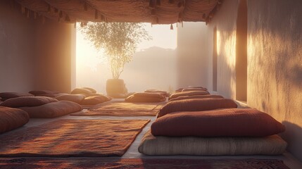 Tattered prayer rugs worn smooth from frequent use laid out for meditation and spiritual practice in a sunlit room