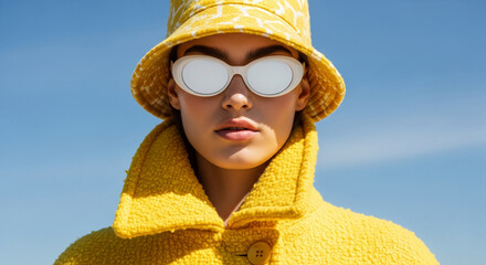 Close-up of woman wearing yellow coat, bucket hat, and white sunglasses against blue sky, showcasing sunny fashion and modern style