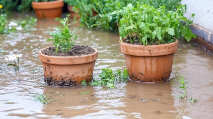 Terracotta pots with soil and green plants submerged in flood water after a heavy rain event