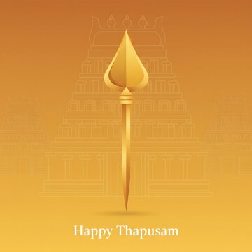 Happy thaipusam festival background with golden vel and temple outline