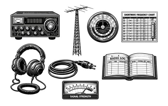 Vintage radio equipment and accessories including headphones and signal meter