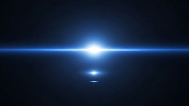 Blue anamorphic lens flare light beam on black background