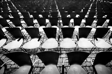 Rows of empty chairs forming geometric pattern in black and white
