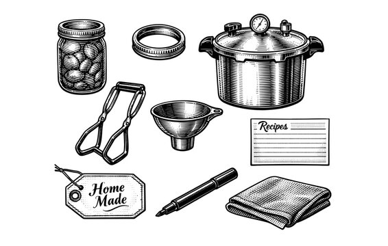 Vintage canning set with pressure cooker, jar, and kitchen tools