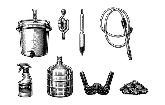 Home brewing equipment: airlock, fermenter, siphon, sanitizer, bottle caps, and carboy