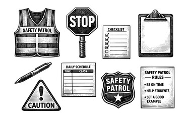School safety patrol items: checklist, vest, stop sign, caution, schedule, badge