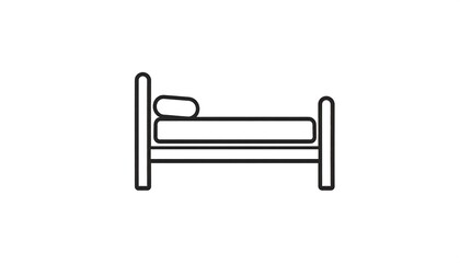 Simple, minimalist line drawing of a single bed with a pillow, ideal for icons or graphic elements