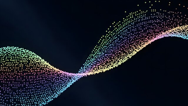 Abstract digital wave consisting of multicolored glowing particles floating in deep dark space representing modern data technology - Powered by Adobe