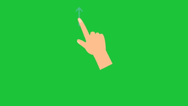 Animated hand swiping upward with arrow on green screen background, touchscreen scroll up UI interaction, clean cartoon motion graphic