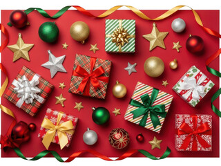 Colorful christmas gift boxes and ornaments isolated on transparent background