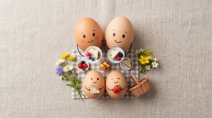 Obraz premium Happy Egg Family Enjoying a Sweet Outdoor Picnic with Desserts.