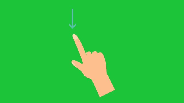 Animated hand swiping down gesture on green screen background, touchscreen scroll UI interaction, simple cartoon motion graphic animation