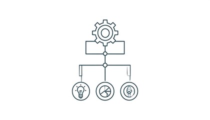 Simplified graphic of a gear representing concepts, connected to three icons signifying ideas, data analysis, and strategy