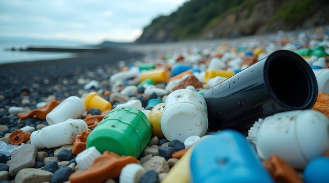 Ocean plastic pollution on a pebble beach with close-up view of scattered colorful debris and bottle caps