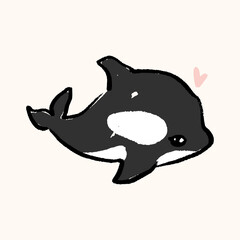 Cute killer whale isolated on background for kids content. Hand drawn silhouette orcinus orca jumping logo print. Flat cartoon underwater character marine animal. Inhabitant of the ocean whimsical © Knstart Studio