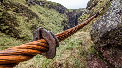 Thick metallic cables strung across a deep chasm secured to rocks with a rough texture