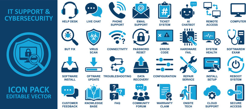 IT Support and Cybersecurity solid icon set including Help Desk, Live Chat, Password Reset, Hardware Fail, Data Recovery, and Virus Scan for professional use
