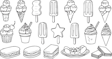 Ice Cream and Frozen Dessert Icon Set with Popsicles Cones and Sweet Summer Treats Vector Line Art Illustration