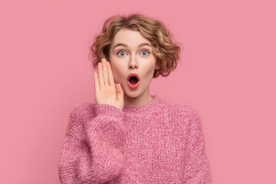 A cheerful funny woman in a sweater is speaking excitedly against a pastel pink background