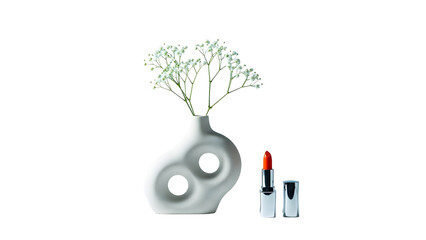 White vase with baby s breath red lipstick and bottle on transparent background
