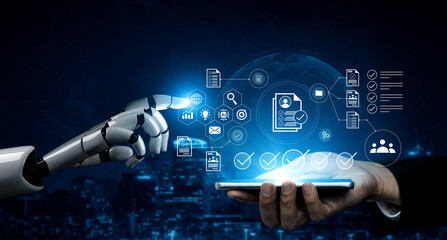 A robotic arm reaches towards a smartphone, symbolizing interaction between technology and users. This image represents innovation in the digital age. Gantry