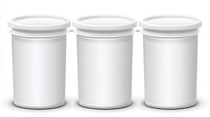 Three identical white plastic gallon containers with lids arranged in a row against a white background