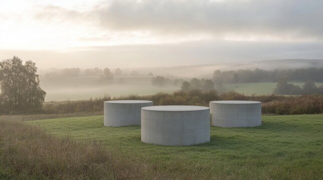 Three imposing stark cylindrical concrete storage tanks stand in a foggy green field at dawn under a cloudy sky - Powered by Adobe