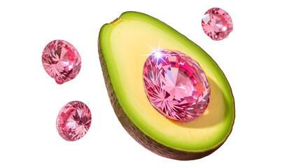 Sliced avocado with sparkling pink diamonds a vibrant and unique composition on transparent background