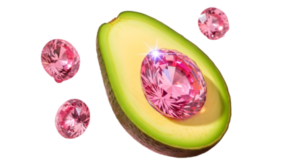 Sliced avocado with sparkling pink diamonds a vibrant and unique composition on transparent background
