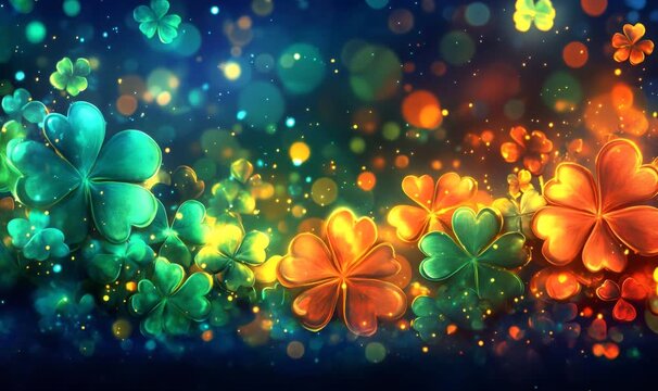 Glowing shamrock and clover leaves creating an abstract background with colorful bokeh lights. Concepts of luck, celebration, and st. Patrick's day