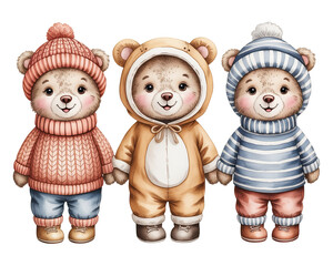 Three teddy bears in winter clothes isolated on transparent background