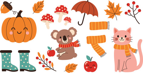 Cute autumn icon set with pumpkin, mushrooms, koala, cat, boots, scarf, leaves and umbrella, seasonal flat vector illustration © Momota