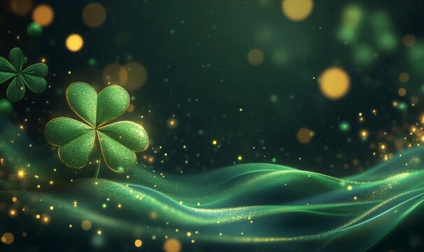 Green four leaf clover and sparkling bokeh lights creating festive st. Patrick's day design with flowing waves