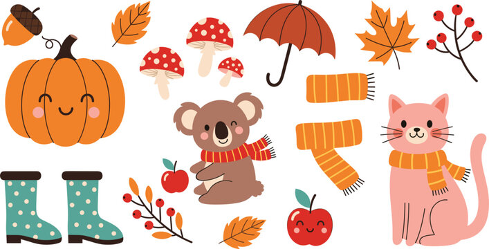 Cute autumn icon set with pumpkin, mushrooms, koala, cat, boots, scarf, leaves and umbrella, seasonal flat vector illustration