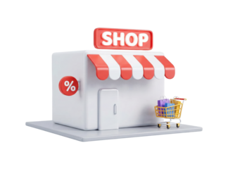3d rendering of shop building exterior with a small shopping cart filled with bags