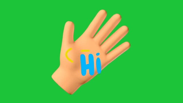 Animated waving hand saying hi on green screen background, friendly greeting gesture, cartoon style motion graphic animation